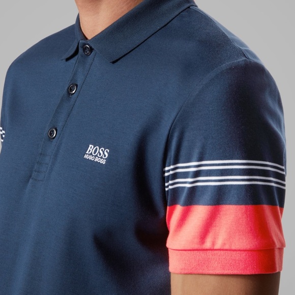 NWT Hugo Boss Blue Polo Shirt with Striped Sleeves - Picture 5 of 5